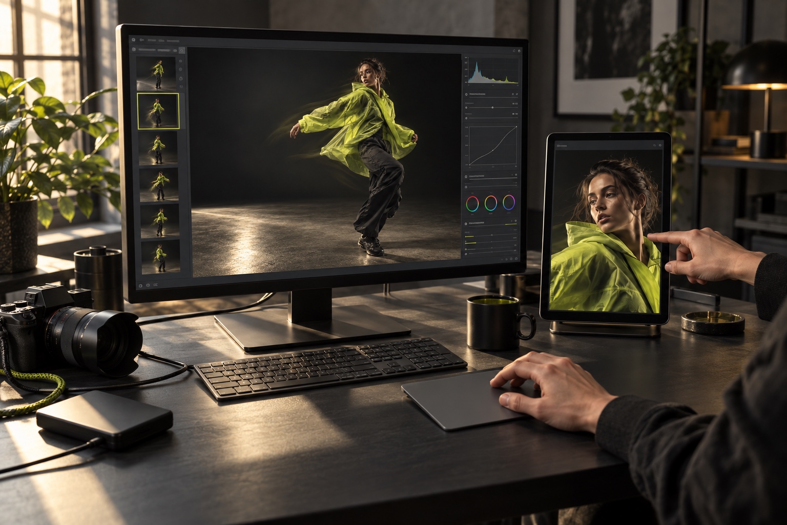 Generierte digitale Produktionsszene: Kampagnenmotiv auf Monitor und Tablet.