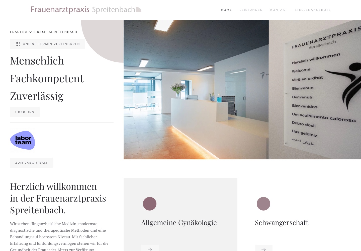 Frauenarztpraxis Spreitenbach – tatsächliche Desktop-Ansicht der Website, aufgenommen am 17.09.2026.